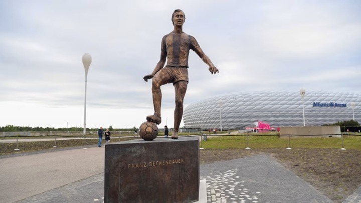 Χάλκινο άγαλμα του Μπεκενμπάουερ έξω από την «Allianz Arena»